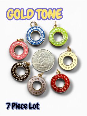 Lot of 7 Gold Tone Round Zipper Pull Button Charms